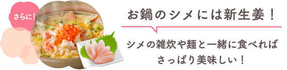 お鍋のシメには新生姜！シメの雑炊や麺と一緒に食べればさっぱり美味しい！